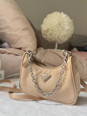 Prada Mini Nylon Shoulder Bag in Beige with Silver Chain
